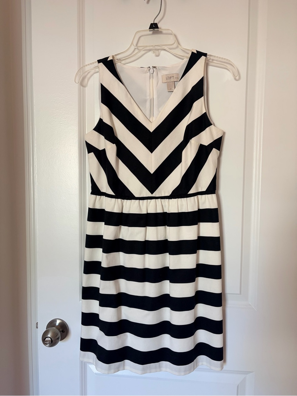LOFT Black and White Striped V-Neck Midi Dress